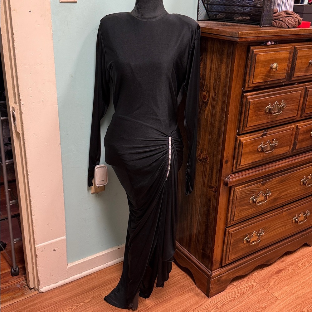 Night Moves Black Draped Long Sleeve Dress